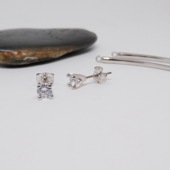 CZ Curve Bar Dangle Earrings | 925 Sterling Silver - Picture 6 of 8